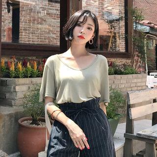 Scoop-neck Elbow-sleeve Silky T-shirt