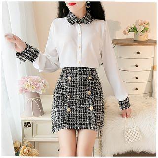 Set: Long-sleeve Shirt + Houndstooth Mini Skirt