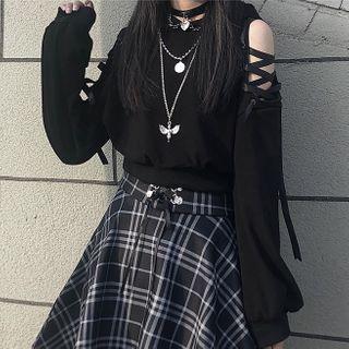 Cold-shoulder Lace Up Sweatshirt / Plaid Mini A-line Skirt