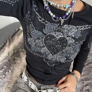 Rhinestone Round Neck Long Sleeve Cropped Top