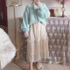Furry Knit Jacket / Ruffle Trim Midi A-line Skirt Cardigan - Mint Green - One Size / Skirt - Milky Almond - One Size