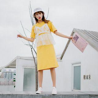 Mock Two-piece Short-sleeve Mesh Paneled T-shirt Dress