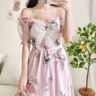 Cold-shoulder Butterfly Embroidered Midi A-line Dress