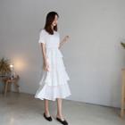 Short-sleeve Layered Polka-dot Midi Dress