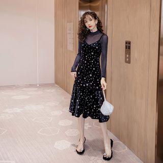 Set: Mock-neck Long-sleeve Top + Velvet Spaghetti Strap Dress