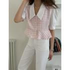 Chelsea-collar Tweed-panel Peplum Blouse