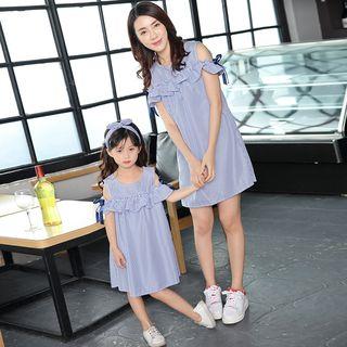 Family Matching Pinstriped Cut Out Shoulder Short Sleeve Dress