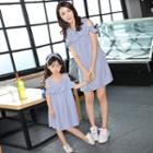 Family Matching Pinstriped Cut Out Shoulder Short Sleeve Dress