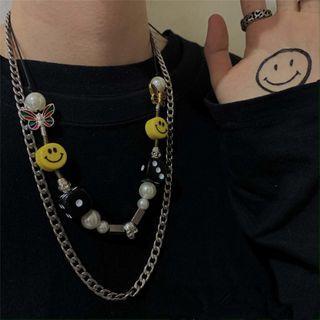 Stainless Steel Butterfly & Smiley Necklace Black - One Size