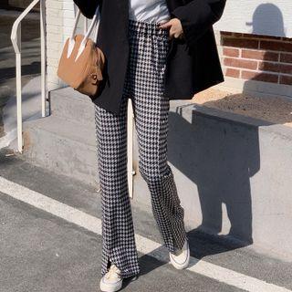 High-waist Slit Houndstooth Pants Black & White - One Size