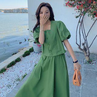 Set: Puff-sleeve Button-up Blouse + Midi A-line Skirt