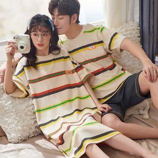 Couple Matching Short-sleeve Striped Sleep Dress / Short-sleeve Top / Shorts / Set