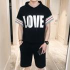 Set: Short-sleeve Letter Striped Trim Hoodie + Shorts