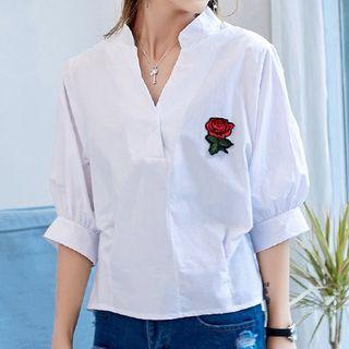 Flower Embroidered 3/4 Sleeve Split Neck Shirt