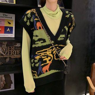 Plain Long-sleeve Top / V-neck Knit Vest