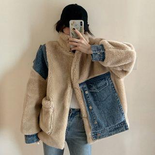 Denim Panel Fleece Button-up Jacket