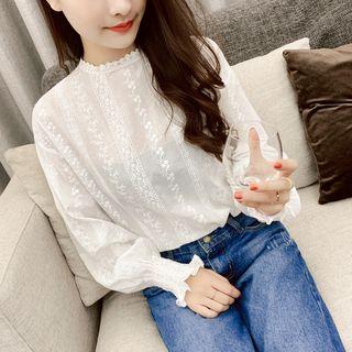 Flared Cuff Eyelet Lace Blouse