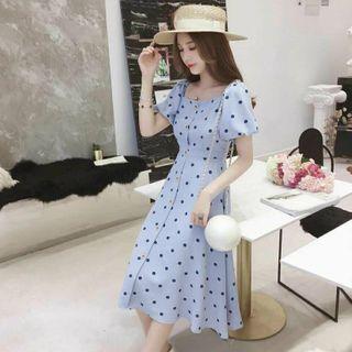 Puff-sleeve Dotted A-line Midi Dress