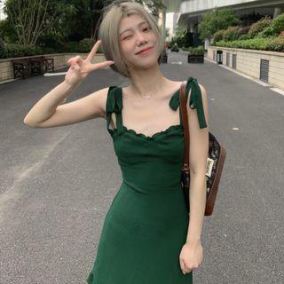 Tie-shoulder Ruffle Trim Mini Bodycon Dress