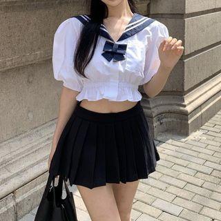 Puff-sleeve Sailor Collar Blouse / A-line Skirt
