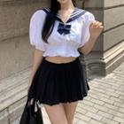 Puff-sleeve Sailor Collar Blouse / A-line Skirt