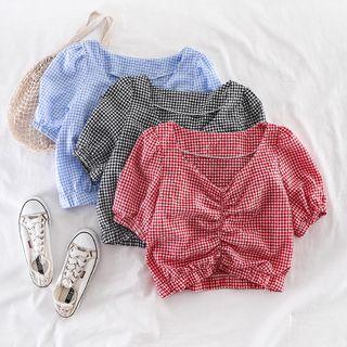Plaid V-neck Puff-sleeve Blouse
