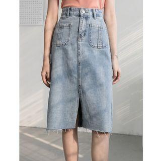 Washed Frayed A-line Denim Skirt