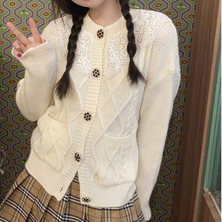 Round Neck Plain Panel Lace Cardigan
