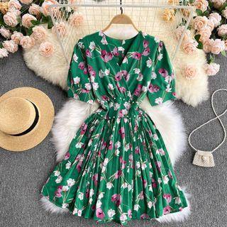 V-neck Faux Pearl Floral Accordion Pleat Dress