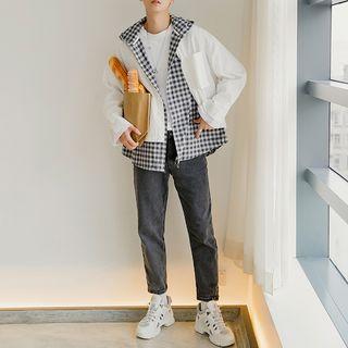 Mock Two-piece Plaid Paneled Hooded Buttoned Jacket