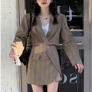 Striped Cropped Blazer / Mini A-line Skirt / Knit Camisole Top