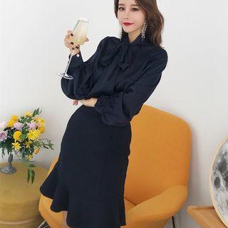 Set: Tie-neck Blouse + Ruffle Hem Pencil Skirt