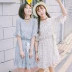 Elbow-sleeve Floral Print Crewneck Tie-wasit A-line V-neck Sheath Dress