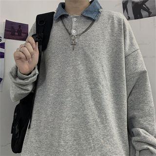 Denim Panel Collared Polo Shirt