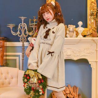 Turtleneck Printed Knit Dress Khaki - L