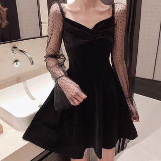 Dotted Mesh-sleeve Shirred Velvet A-line Dress