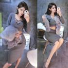 Set: Crop Knit Pullover + Fitted Skirt Gray - One Size