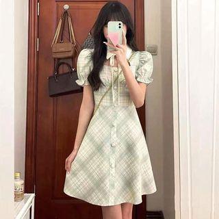 Short-sleeve Collared Plaid A-line Mini Dress