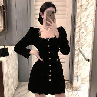 Long-sleeve Embellished Velvet Mini A-line Dress