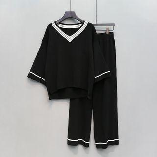 Set: V-neck 3/4-sleeve Sweater + Knitted Wide Leg Pants