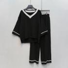 Set: V-neck 3/4-sleeve Sweater + Knitted Wide Leg Pants
