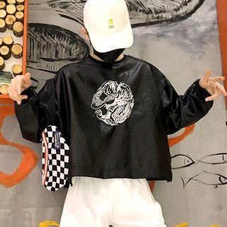 Embroidered Faux Leather Sweatshirt
