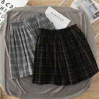Band-waist Plaid Mini A-line Pleated Skirt