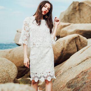 Set: Perforated Lace Top + Pencil Skirt