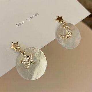 Non-matching Rhinestone Moon & Star Shell Disc Dangle Earring 1 Pair - Silver Needle - As Shown In Figure - One Size