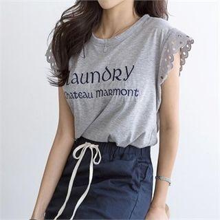 Crochet-sleeve Lettering-embroidered T-shirt