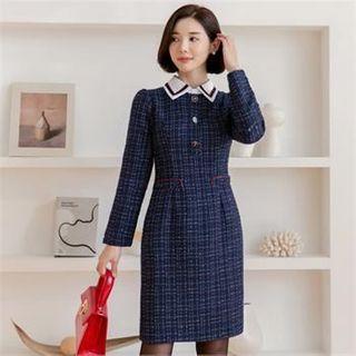 Contrast-collar Button-front Sheath Dress
