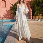 Long-sleeve Cold Shoulder Drawstring Maxi A-line Dress