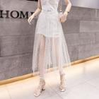 Set: Frayed Hem Ripped A-line Mini Denim Skirt + Mesh Maxi Skirt