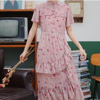 Flower Print Ruffle Short-sleeve Midi A-line Dress